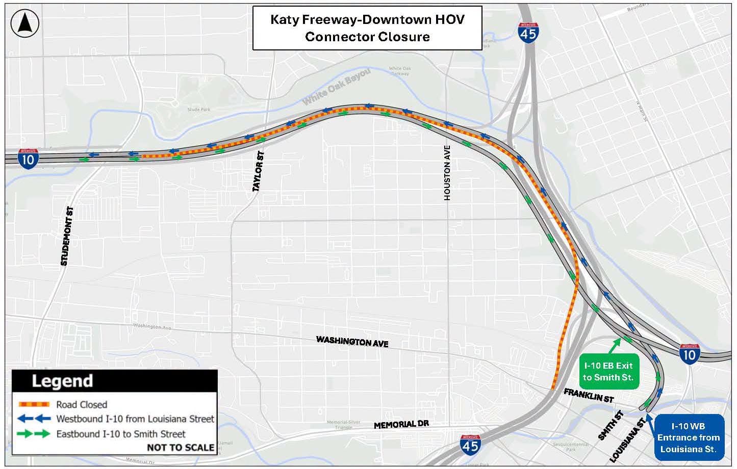Katy Freeway HOV connectors at Studemont and Franklin close Friday night for I-10 flood work through summer 2028